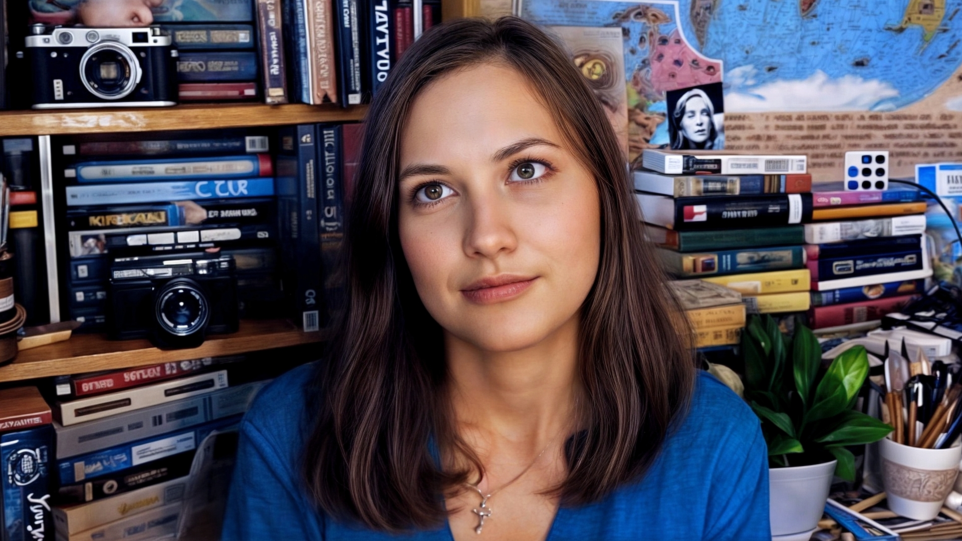 Бесплатное фото Портрет девушки в голубом на фоне книжных полок