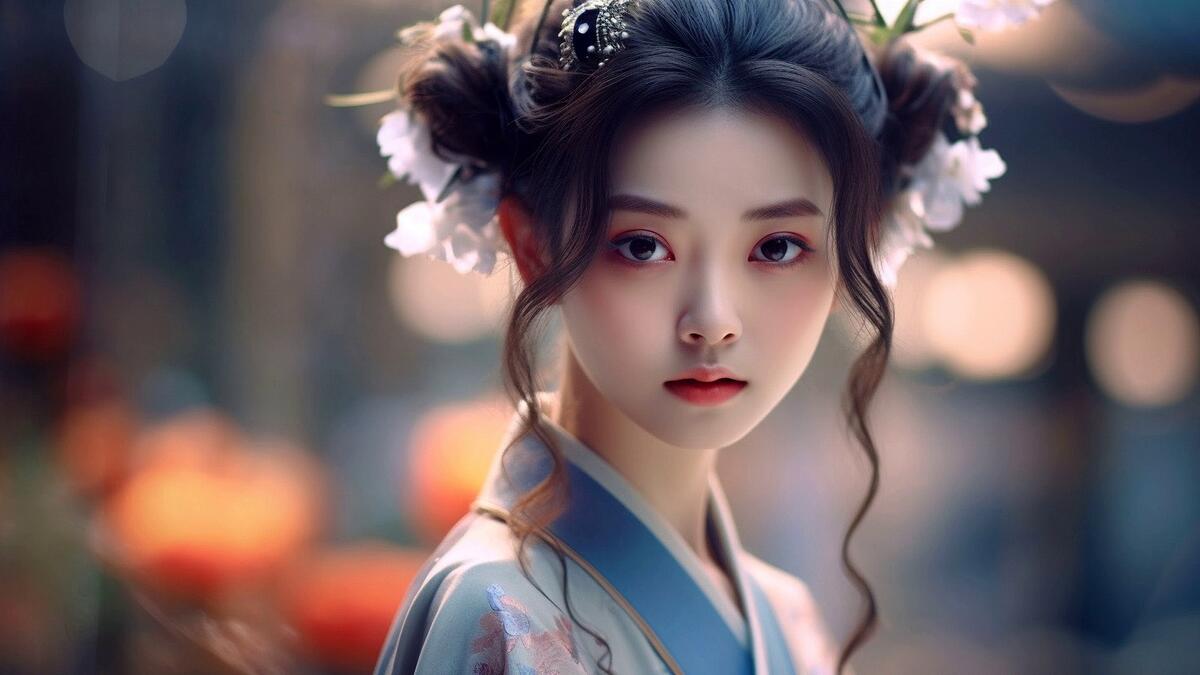 Портрет азиатской девушки в кимоно