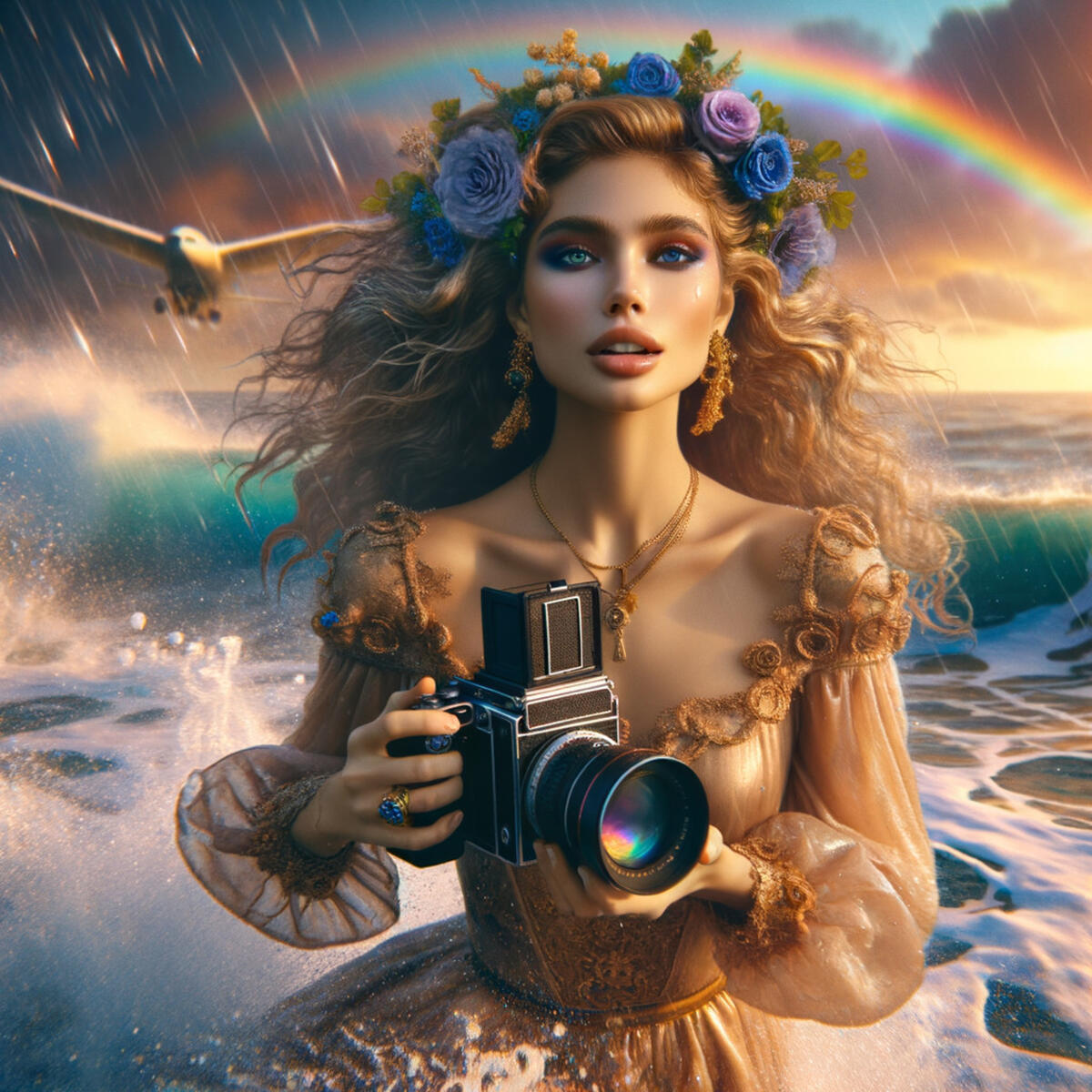 Девушка с фотоаппаратом в море