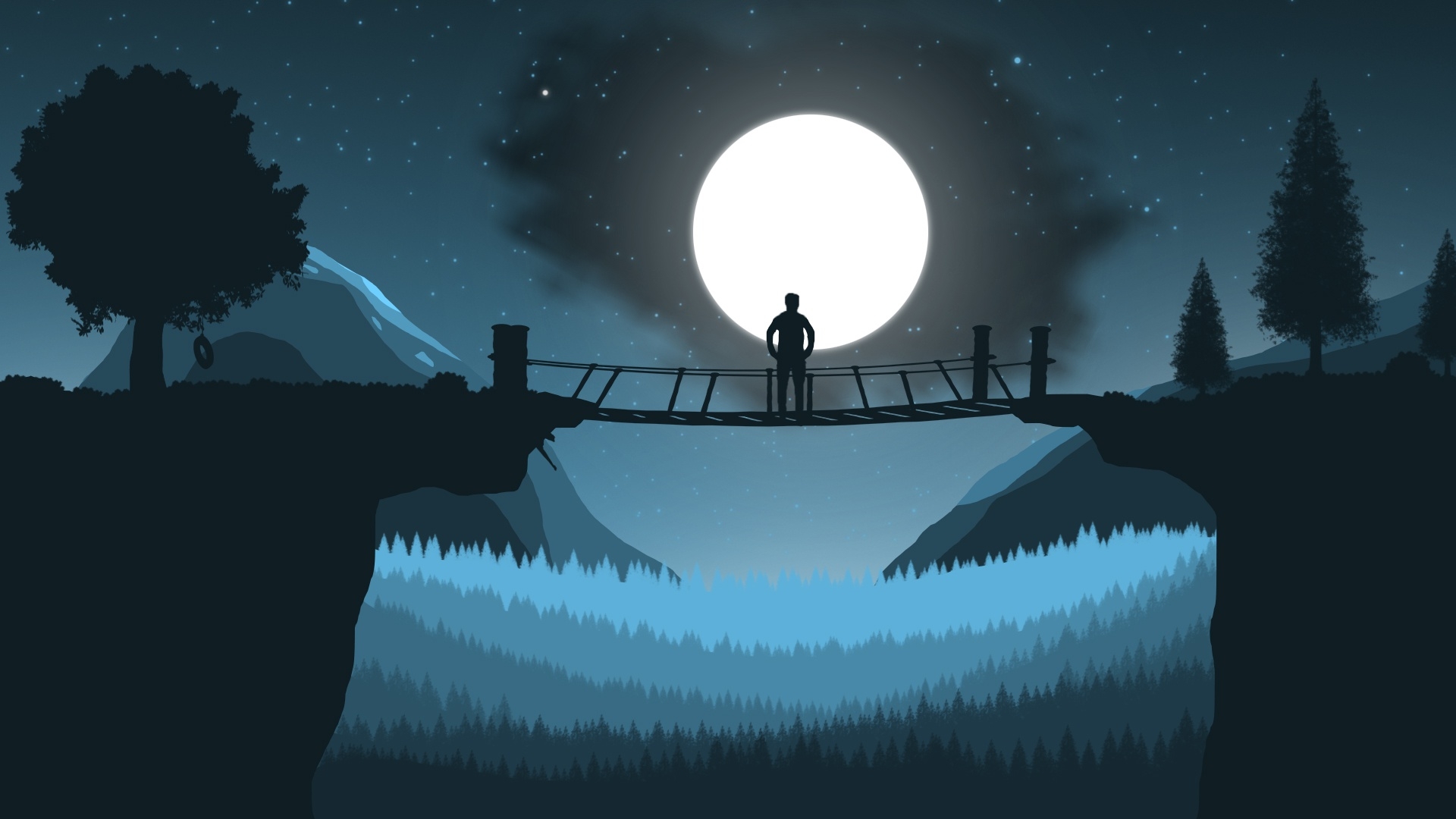 Силуэт мужчины смотрящего на луну стоящего на мосту