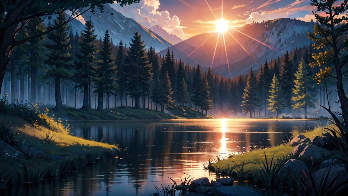 Лучи заходящего солнца освещают озеро