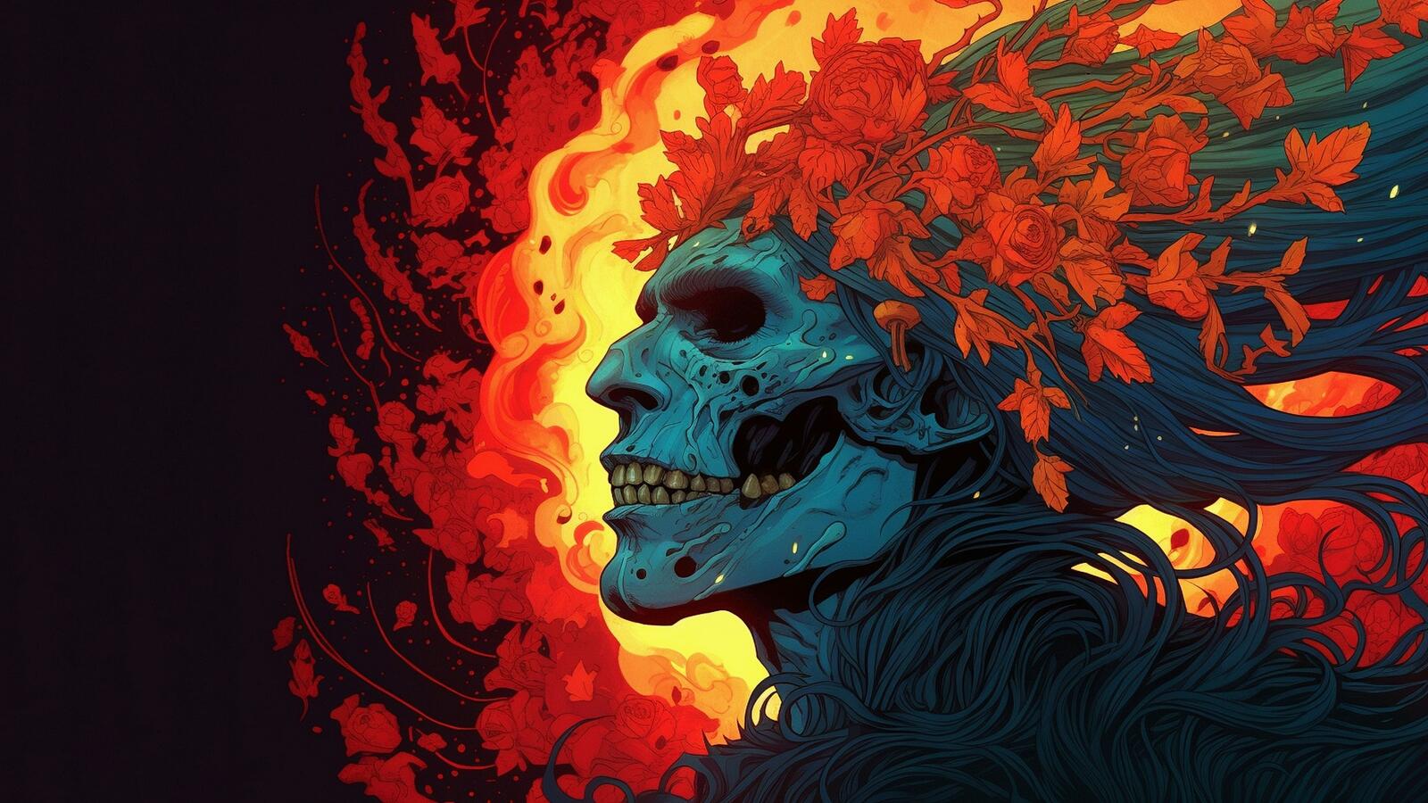 Бесплатное фото Рисунок скелета с цветами на голове