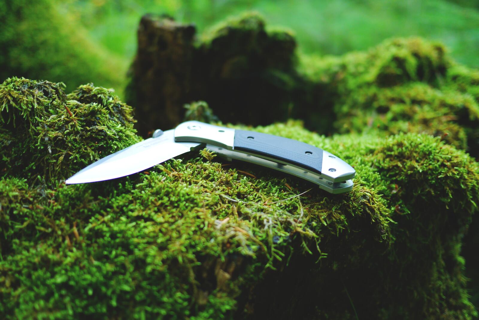 Free photo A mechanical knife on green moss