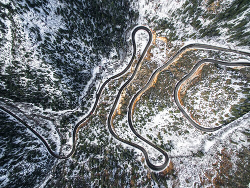 A winter winding road with trees from a bird`s eye view