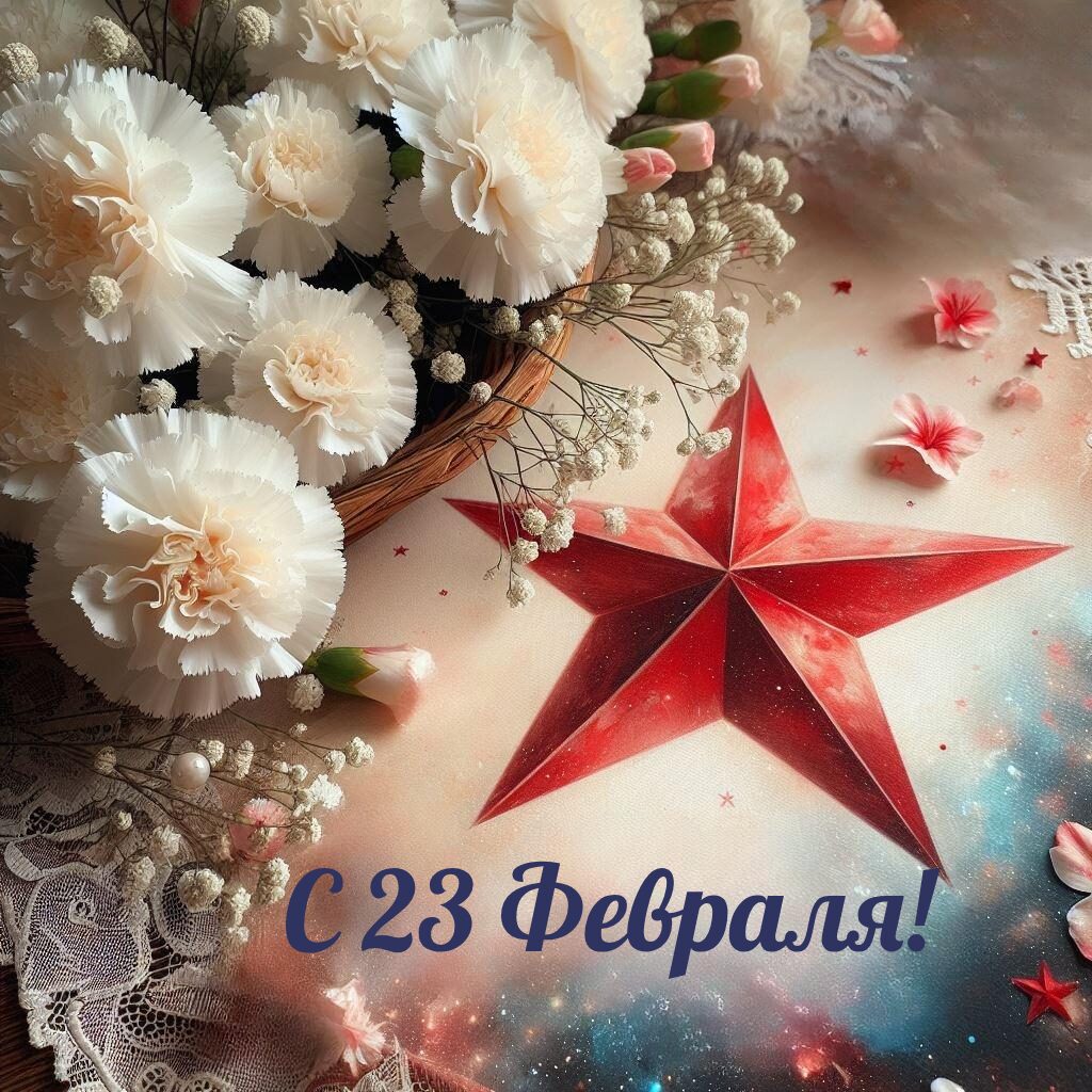 Бесплатная открытка С 23 февраля и красная звезда с белыми цветами