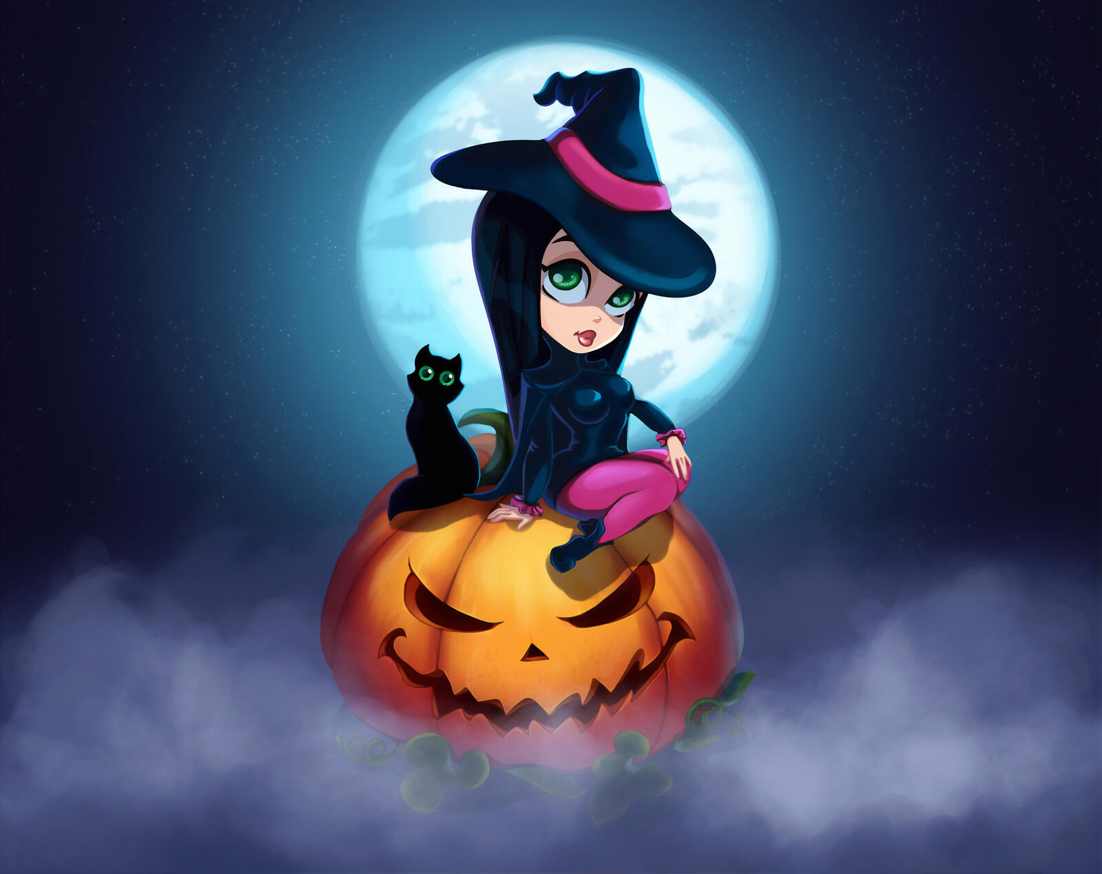 Free photo Cute girl in a hat with a black kitty sitting on a pumpkin