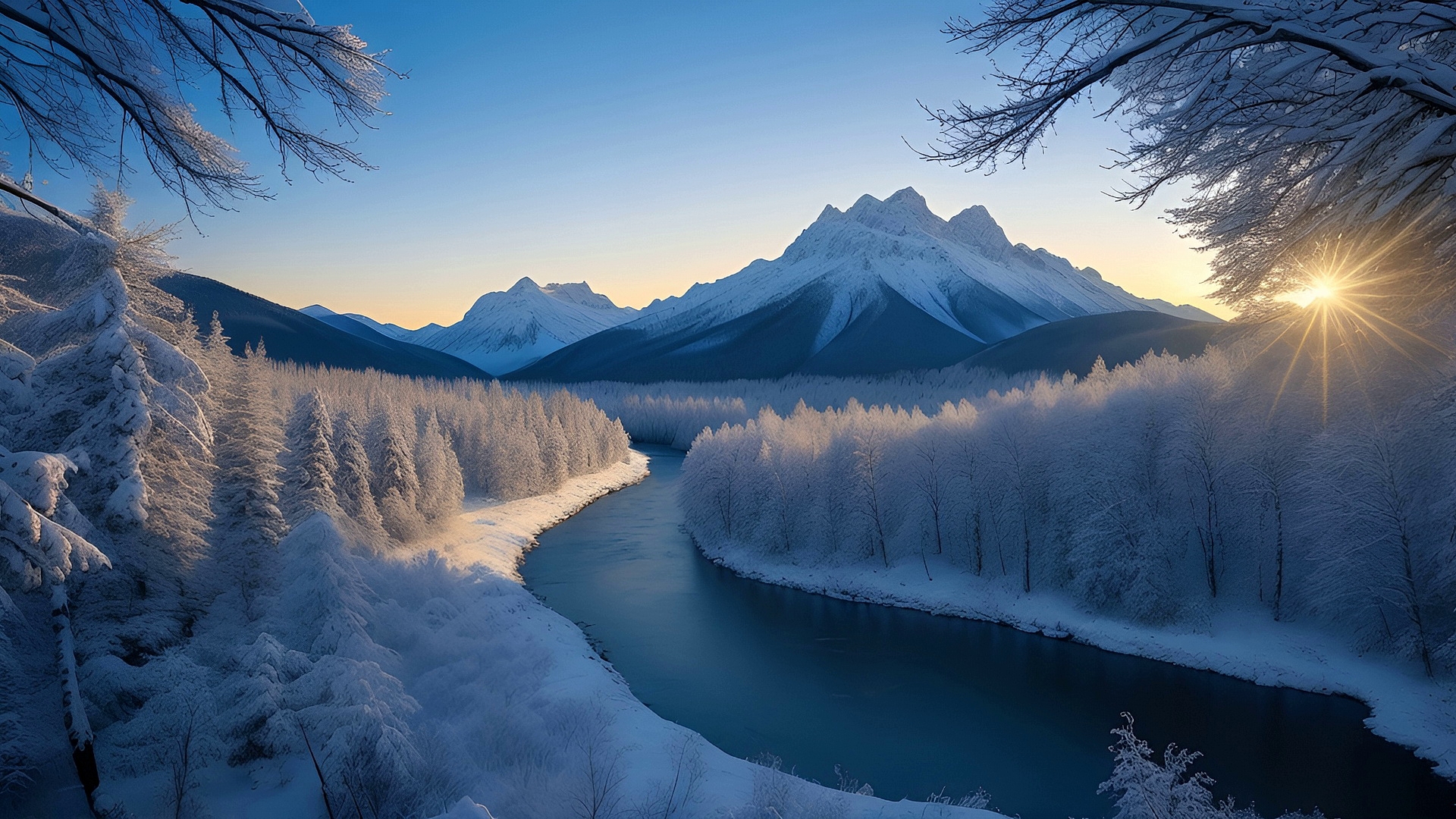 Winter landscape and river