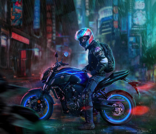 Рендеринг картинка байкер на мотоцикле в дождливую погоду