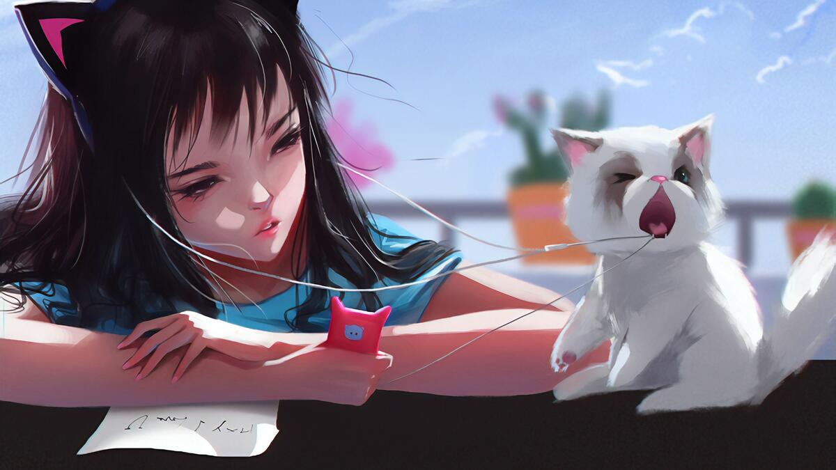 Рисунок аниме девочки с азарным котенком