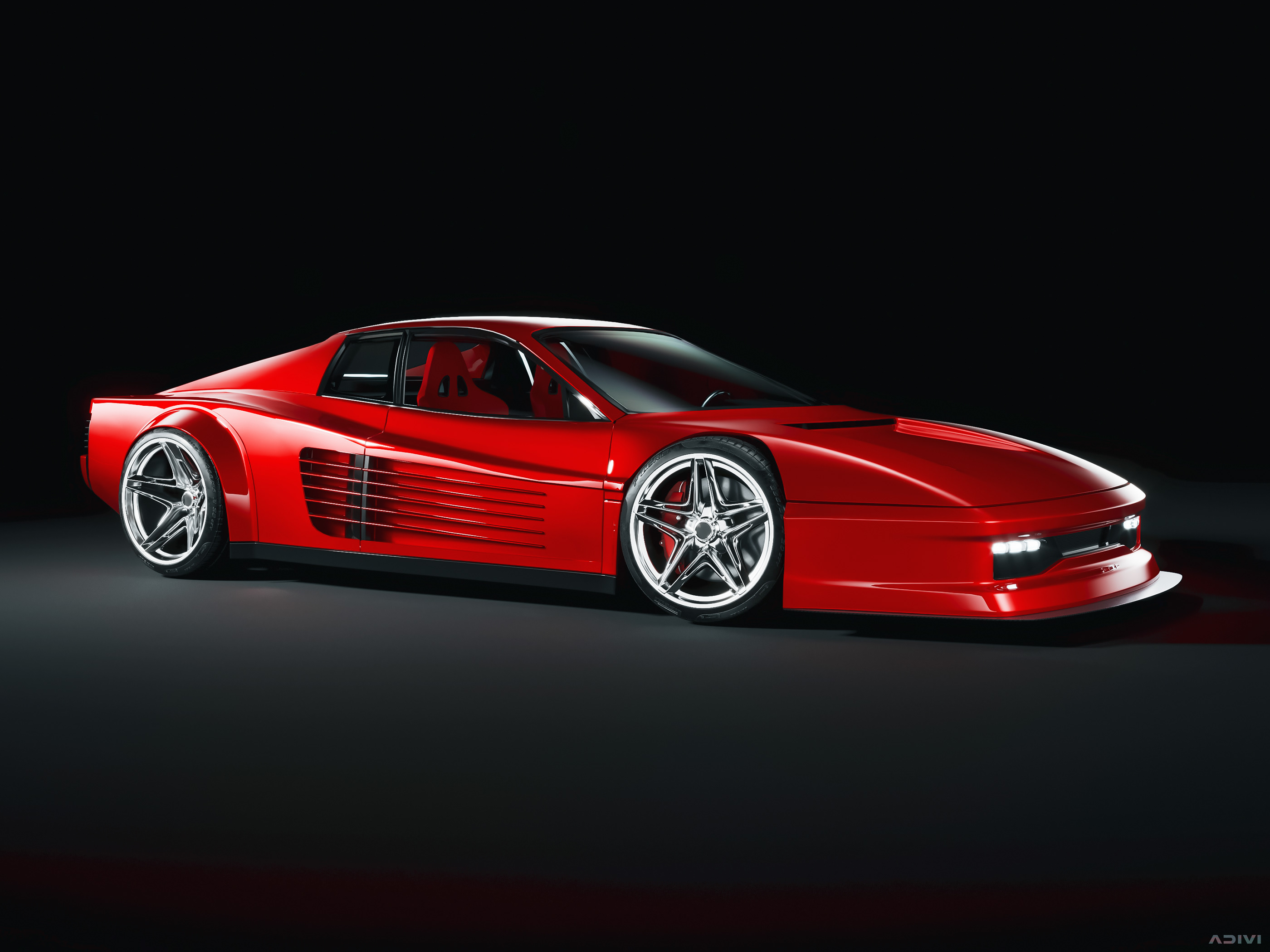 Ferrari testarossa красного цвета на черном фоне