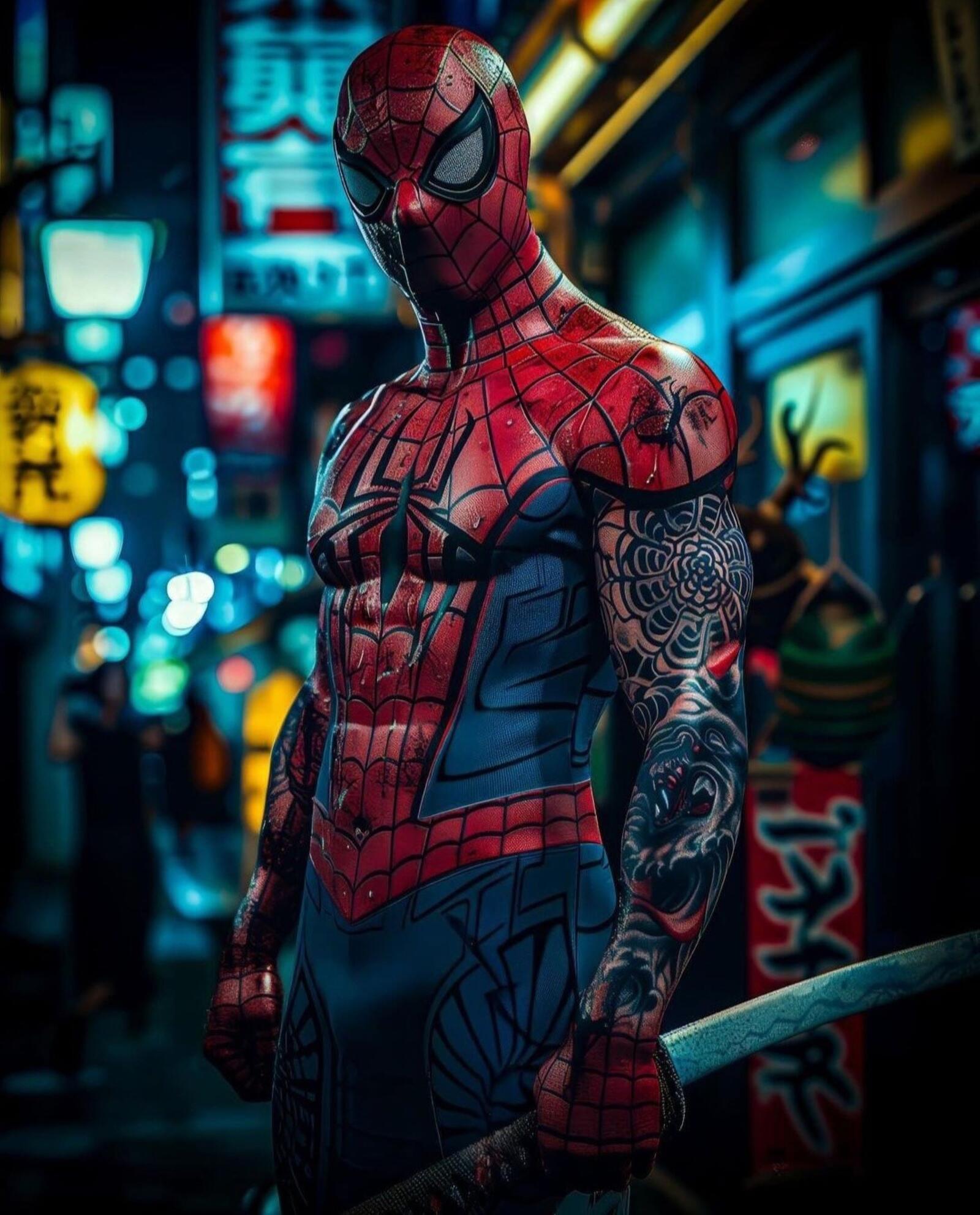 Free photo Spider-Man with a katana