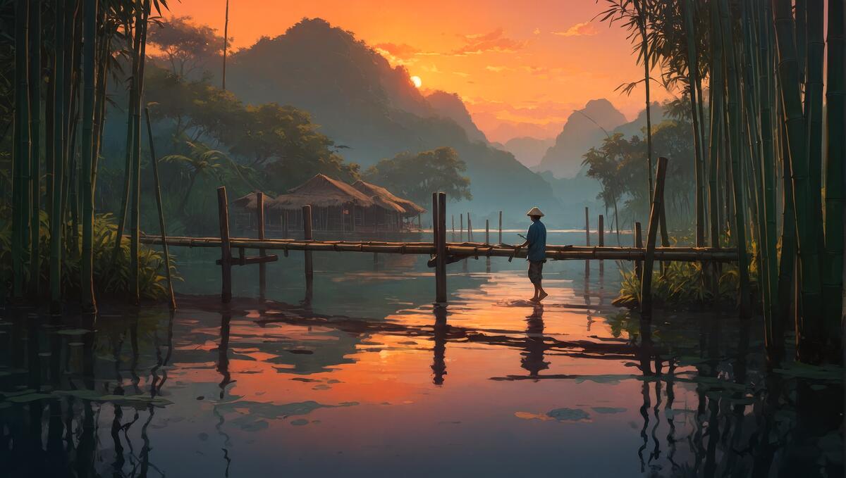 Человек стоит на причале у воды и бамбуковых деревьев