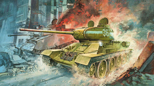 Drawing of a t34 tank against the background of an explosion