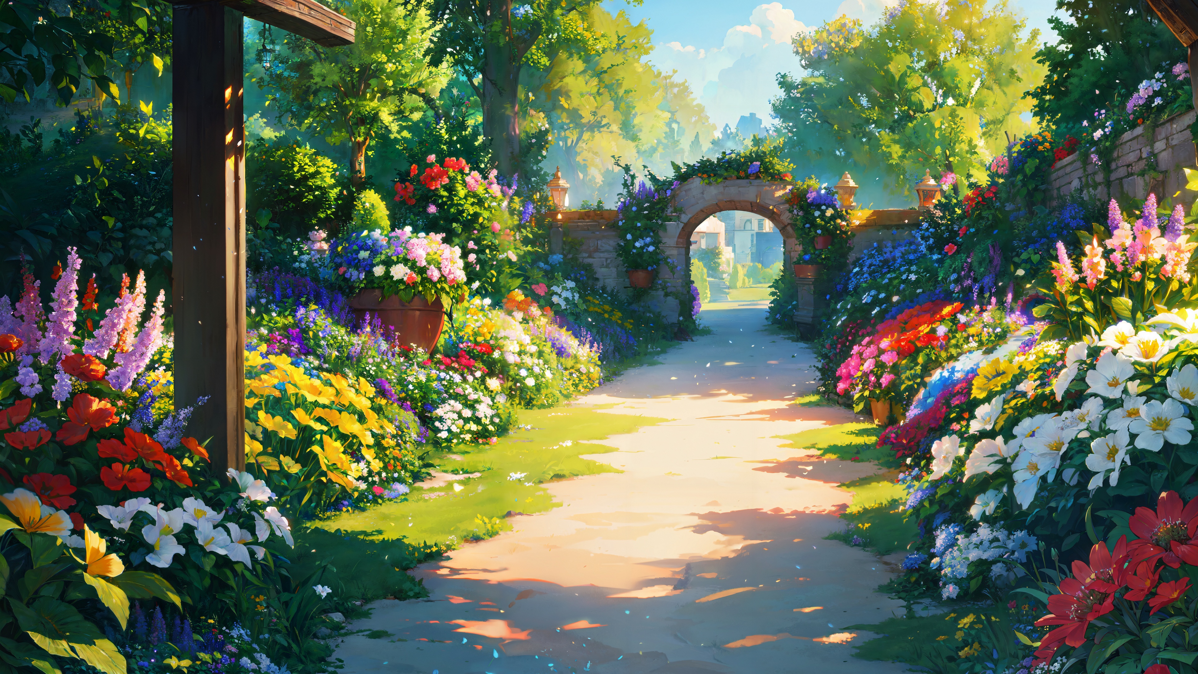 Paint drawing of a garden in flowers with a path going to a stone archway