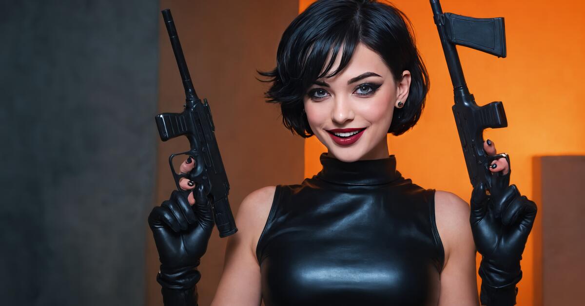 A woman holding guns and smiling with her hair blown back