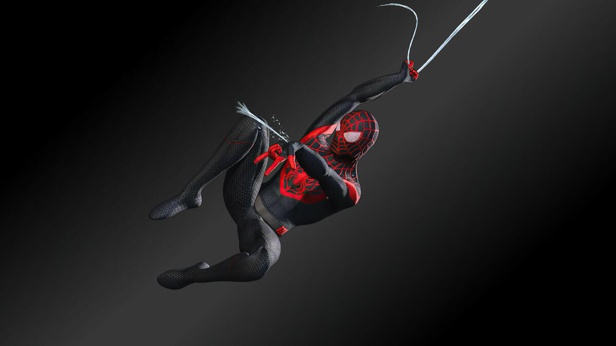 Человек-паук прыгает с помощью паутины на черном фоне