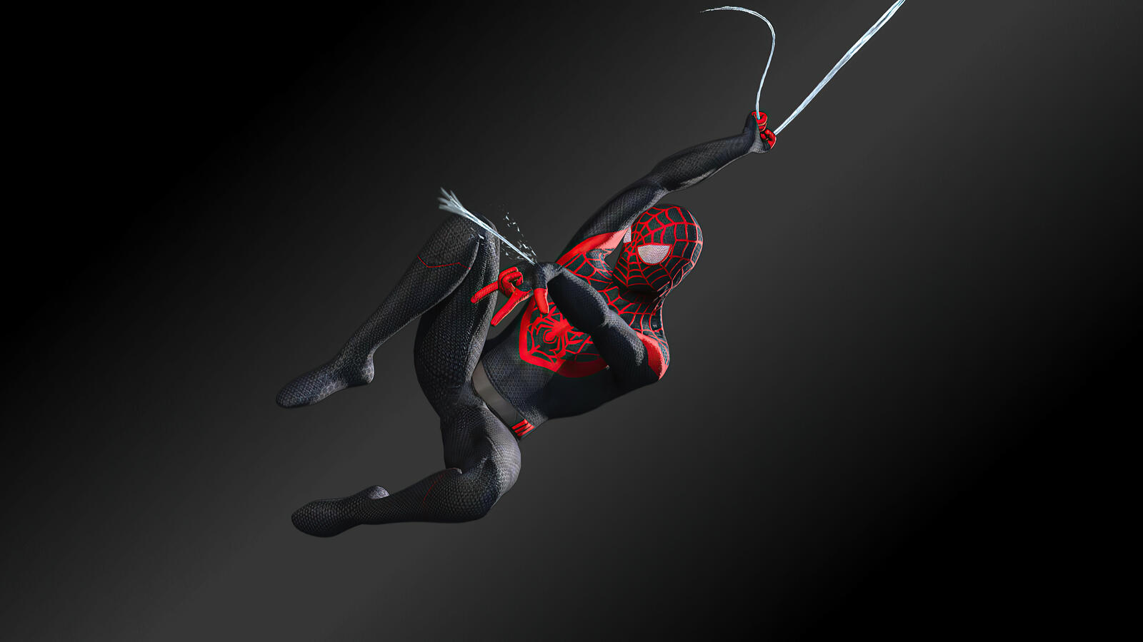 Бесплатное фото Человек-паук прыгает с помощью паутины на черном фоне
