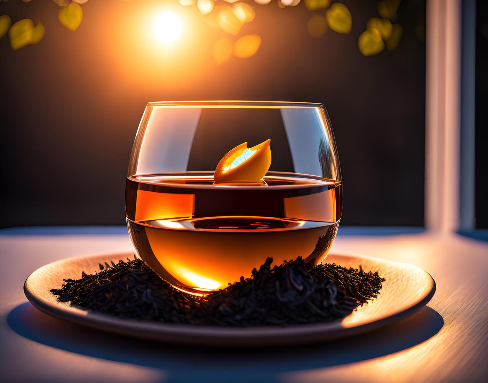 Бесплатное фото Черный чай в стеклянной чашке на фоне окна