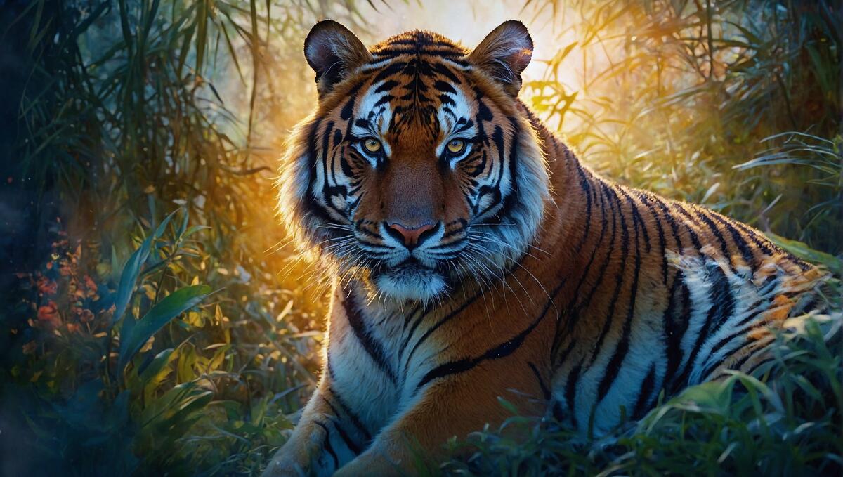 Тигр лежит в траве и смотрит в камеру.