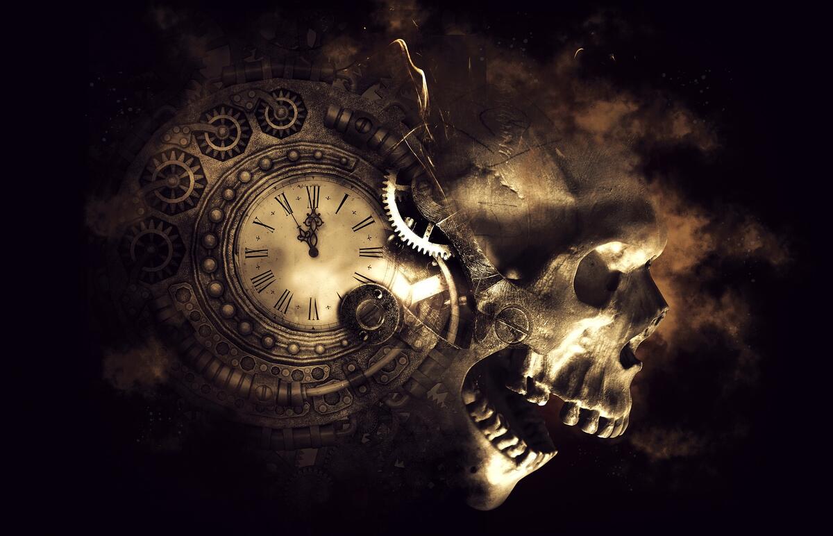 A skull with a steampunk clock.