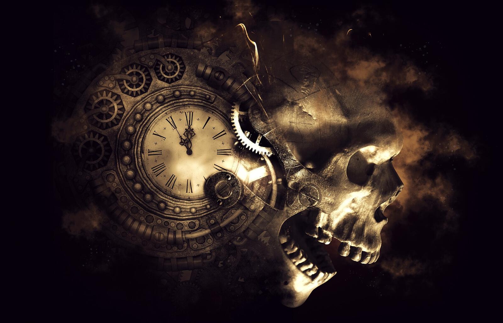 Free photo A skull with a steampunk clock.