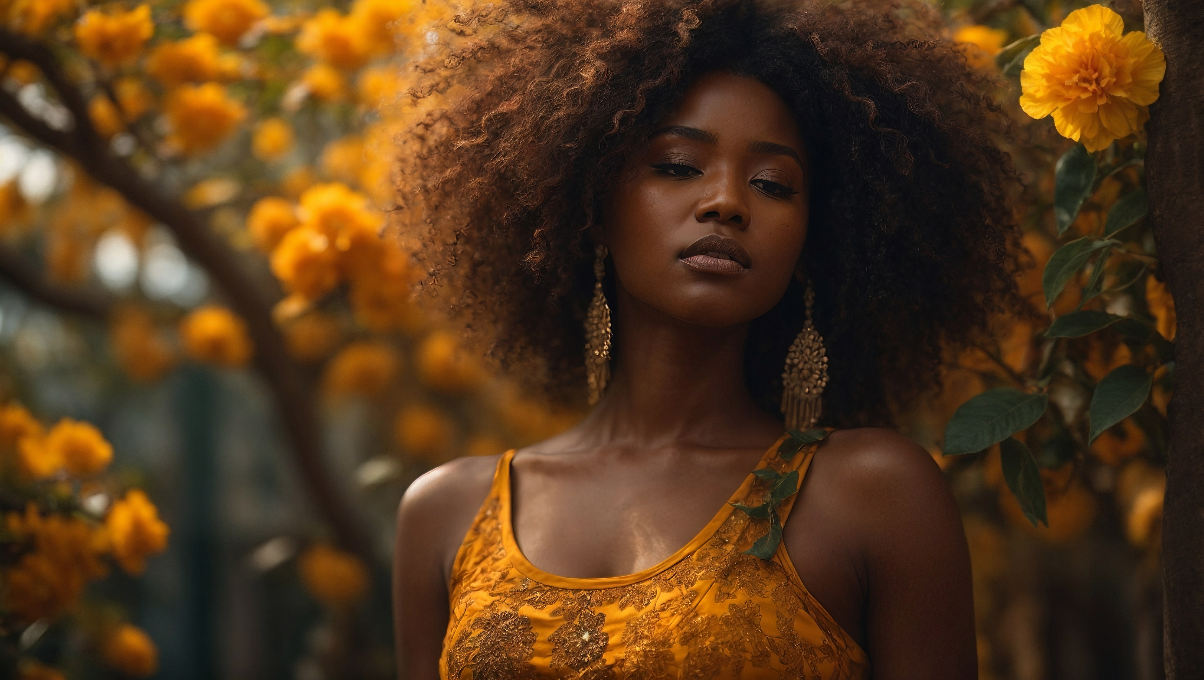免费照片一位身着黄色衣服的美丽年轻黑人女子站在花丛前