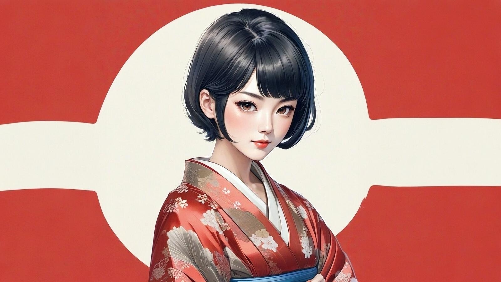 Бесплатное фото Портрет японской девушки в кимоно на красном фоне
