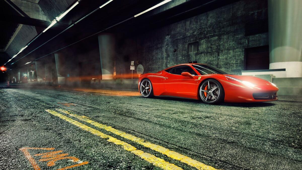 A red Ferrari 458 in the tunnels.