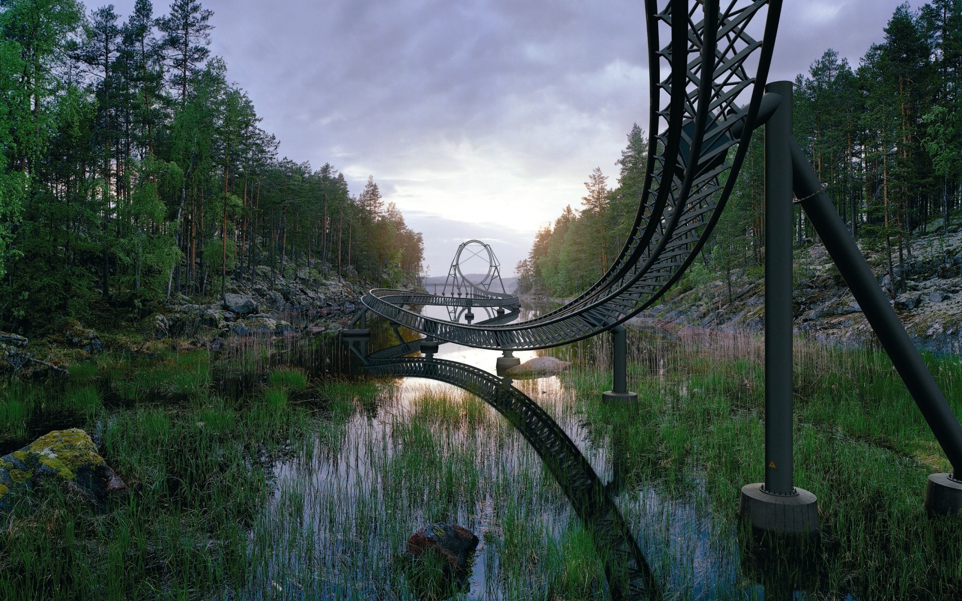 A roller coaster ride takes place in the woods above the lake