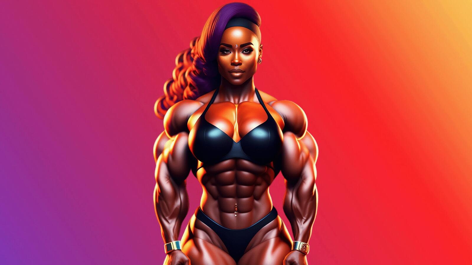 Free photo Black bodybuilder girl in a swimsuit on a colored background