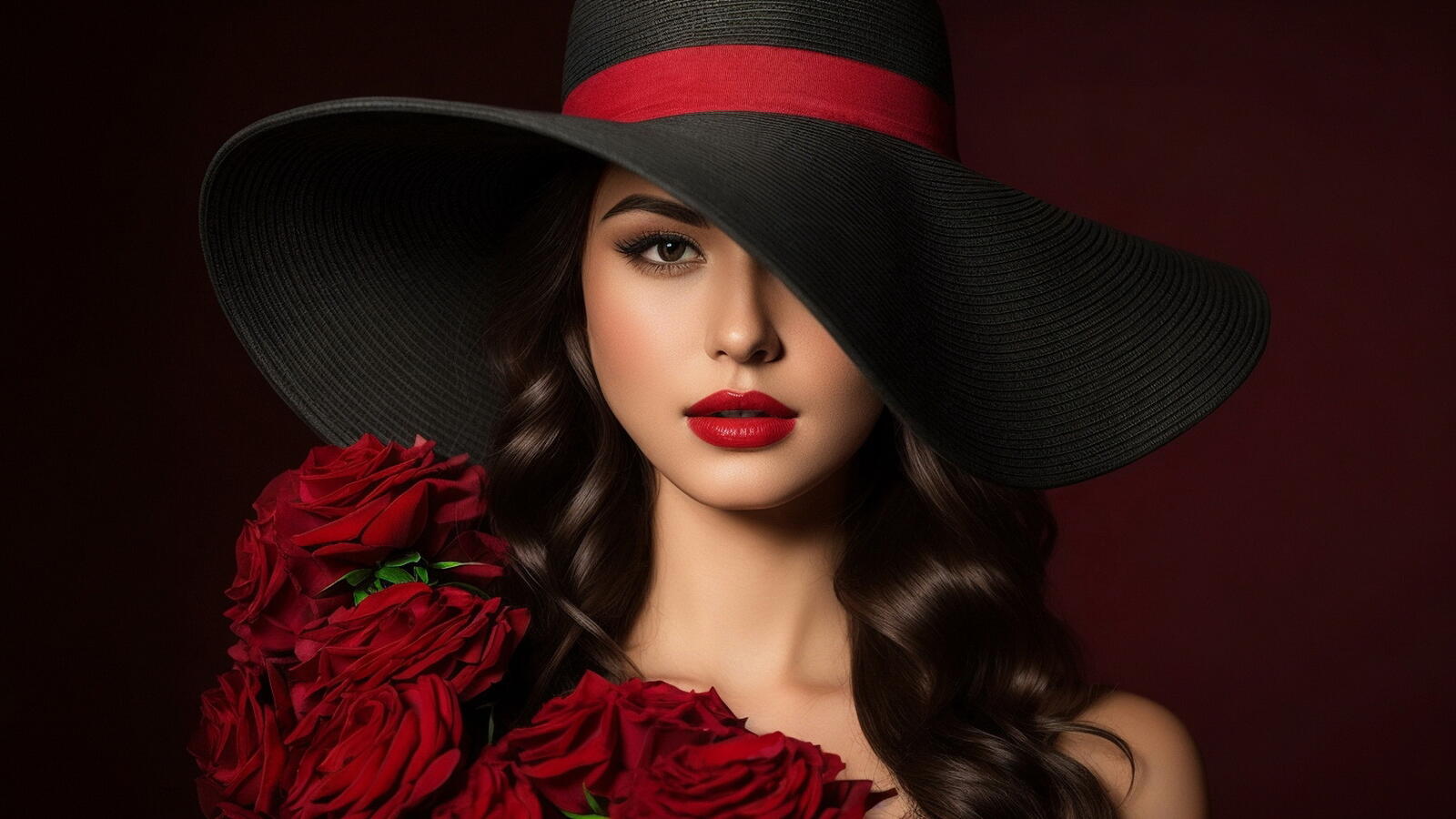 Бесплатное фото Портрет девушки в шляпе на красном фоне и цветы