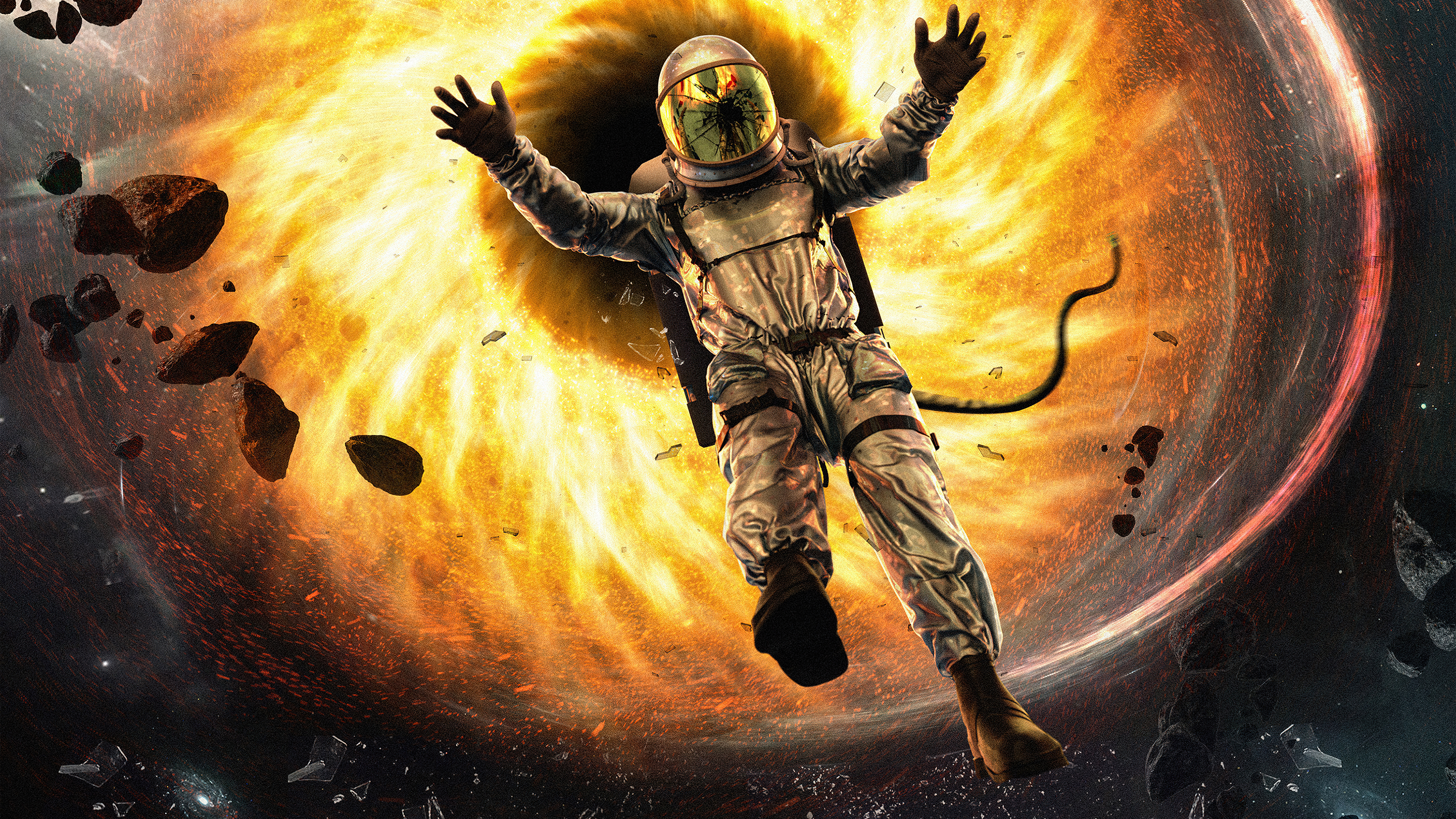 Бесплатное фото Астронавт падает в горящую воронку