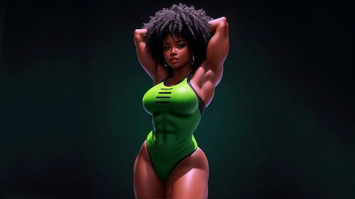 Black girl bodybuilder in green swimsuit on dark background