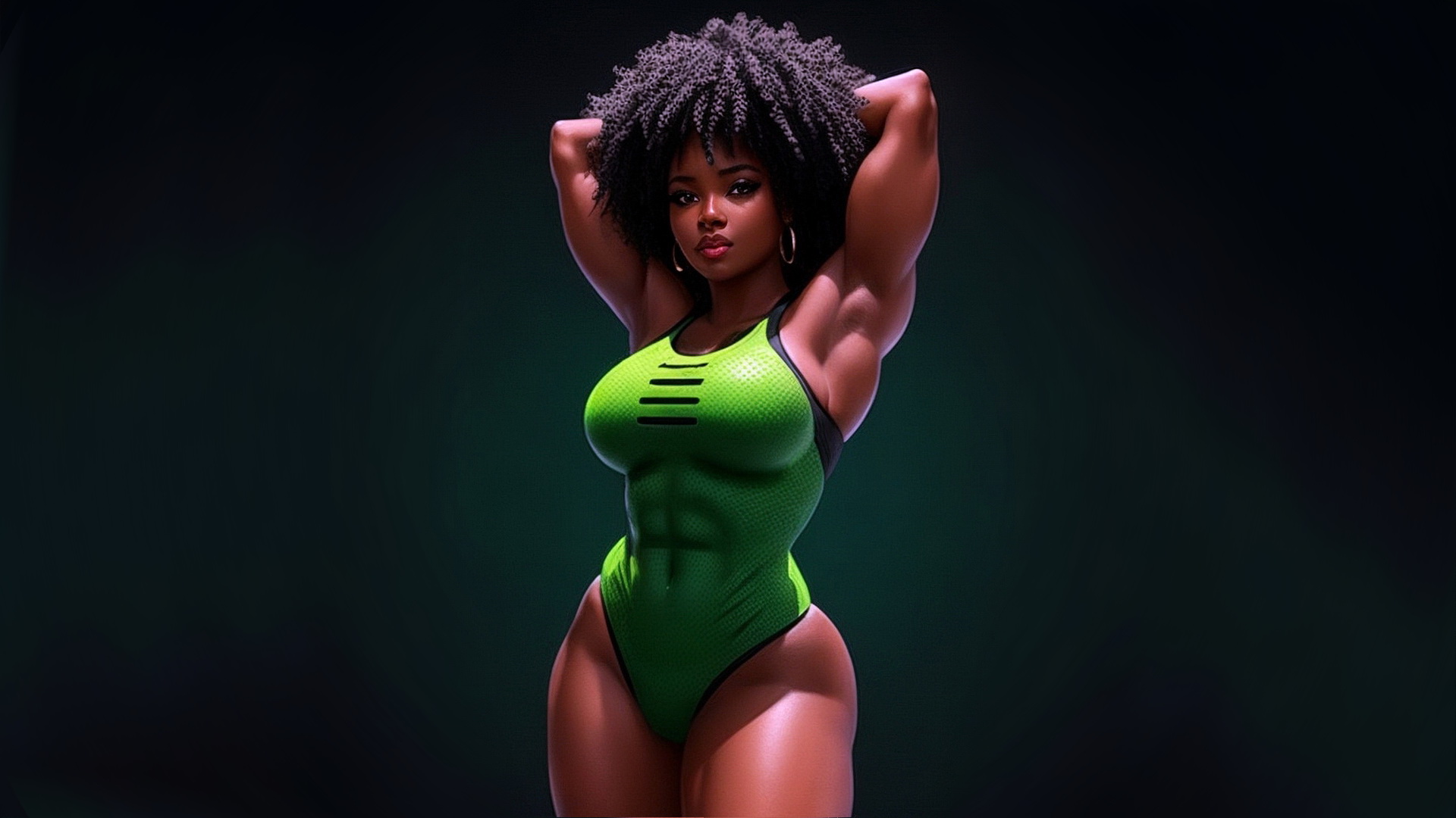 Free photo Black girl bodybuilder in green swimsuit on dark background