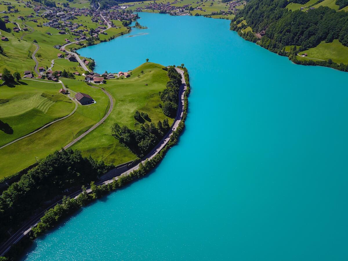 Blue water lake in Switzerland as seen from the air