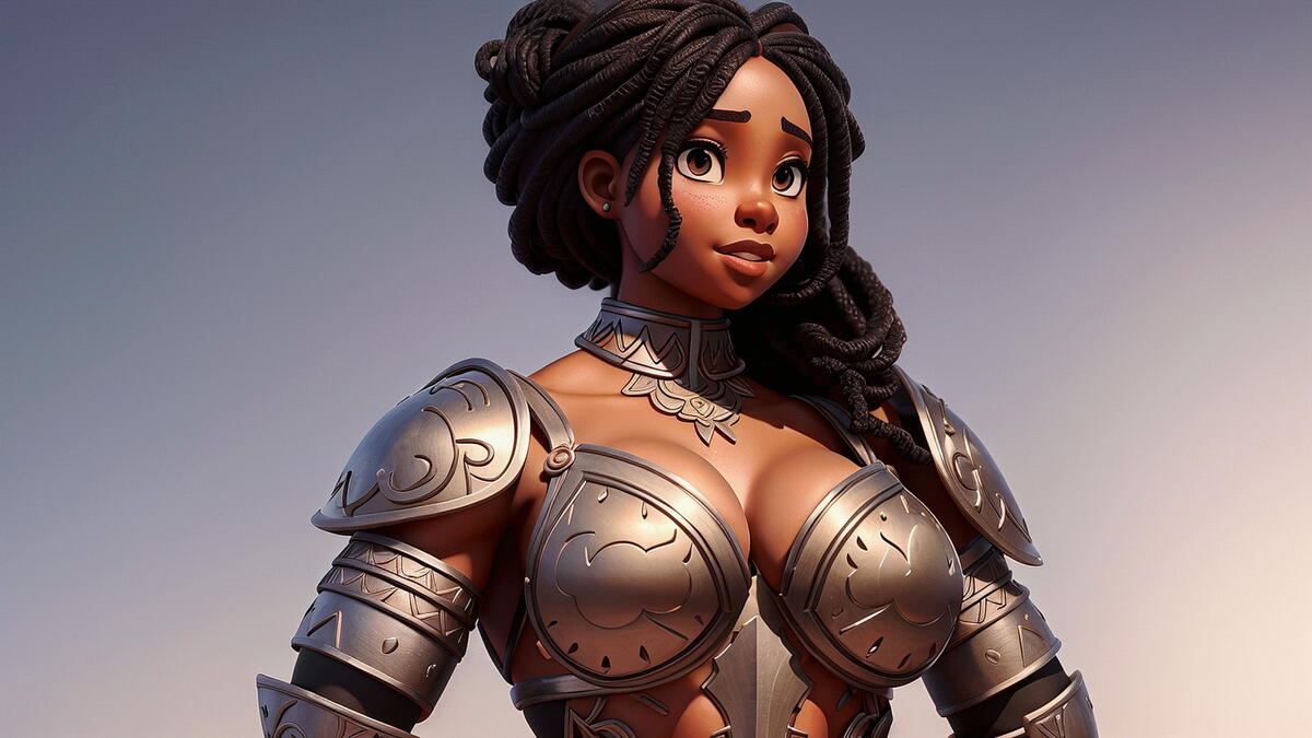 Black girl warrior in armor on light background