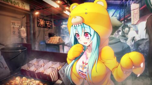 Anime girl in a yellow bear costume.