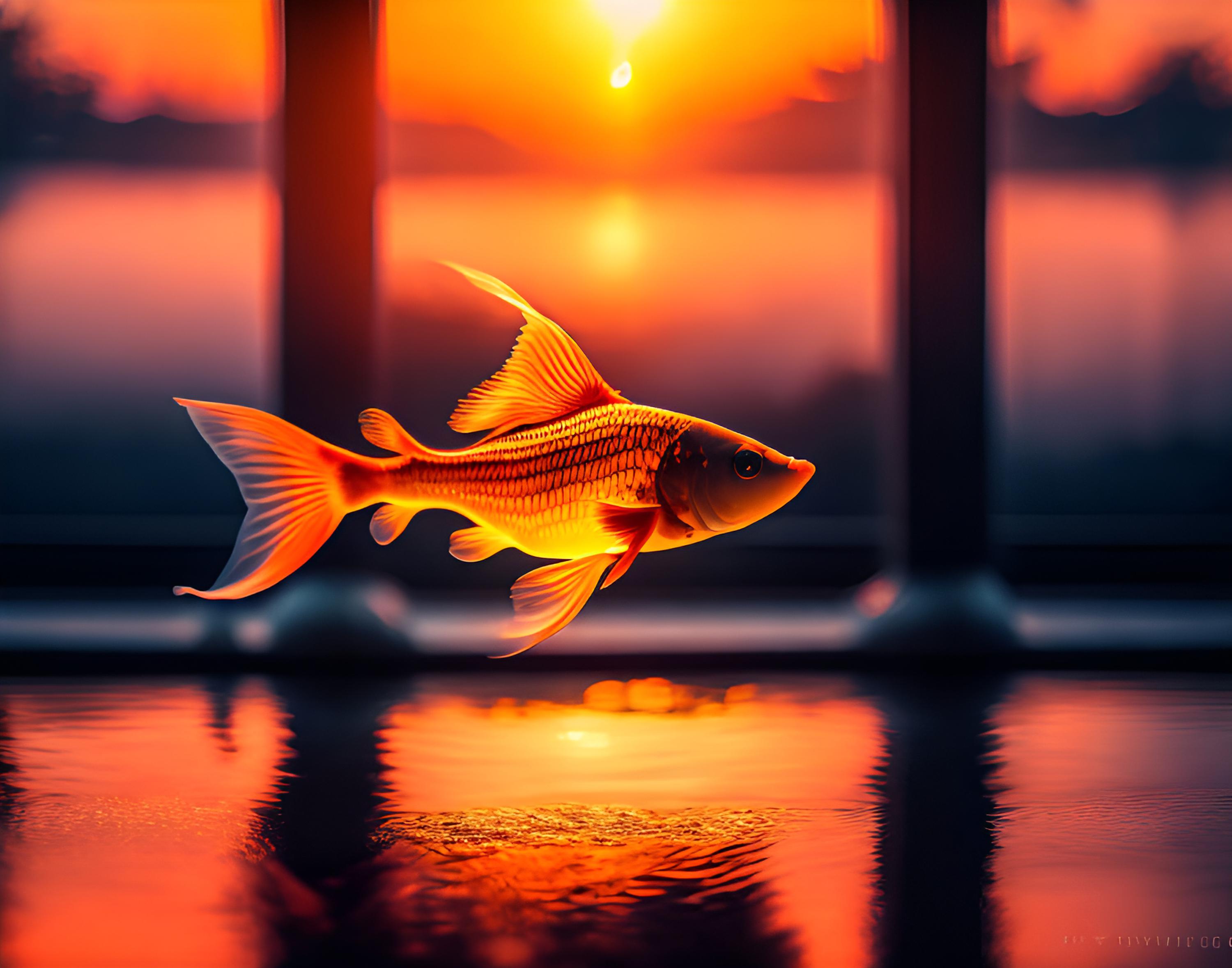 Бесплатное фото Золотая рыбка на закате солнца