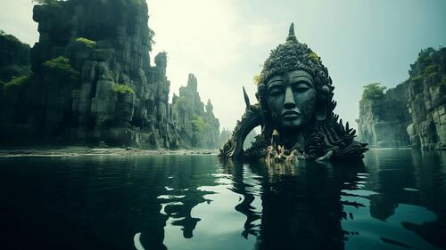 The stone statue in the water and the rocks