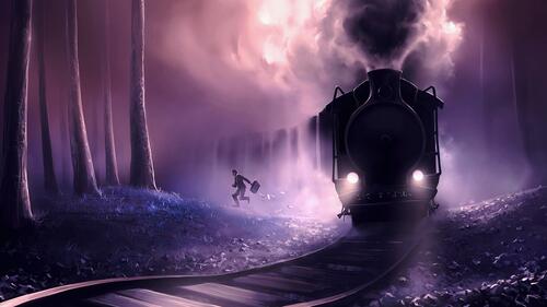 A steam train rides through a gloomy forest