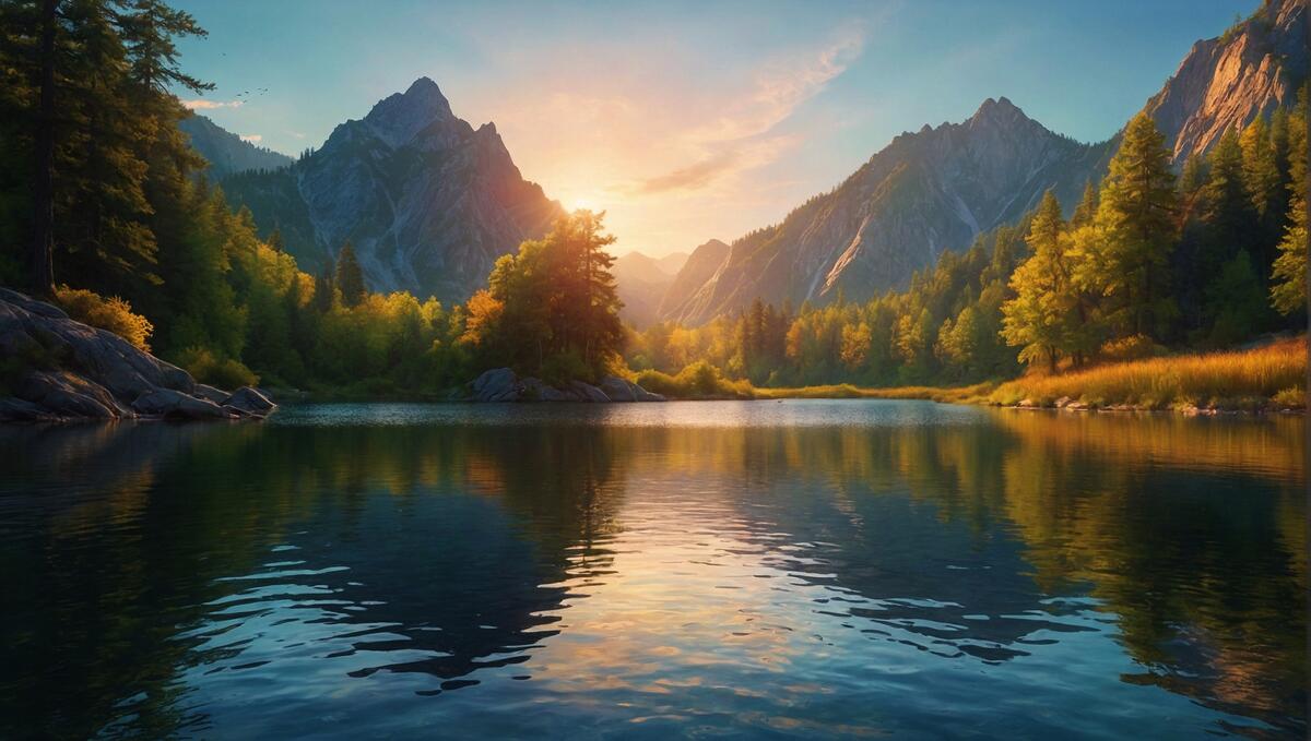 Картина с изображением солнца, восходящего над лесом
