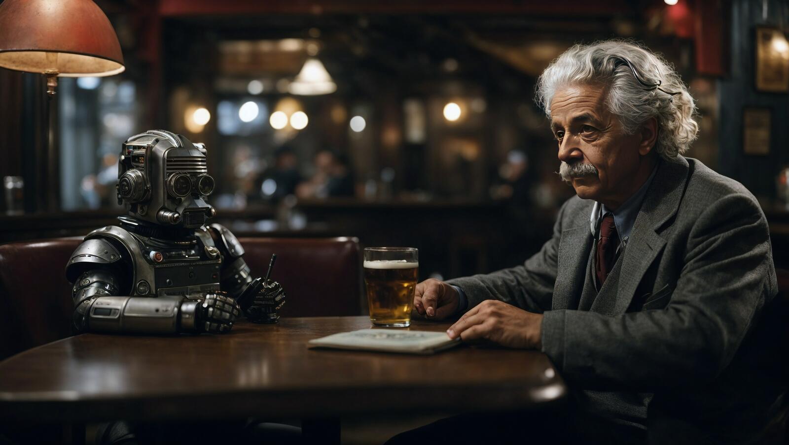 免费照片一个头发花白、穿着灰色衬衫的男人坐在一张桌子旁，旁边是一个星战机器人