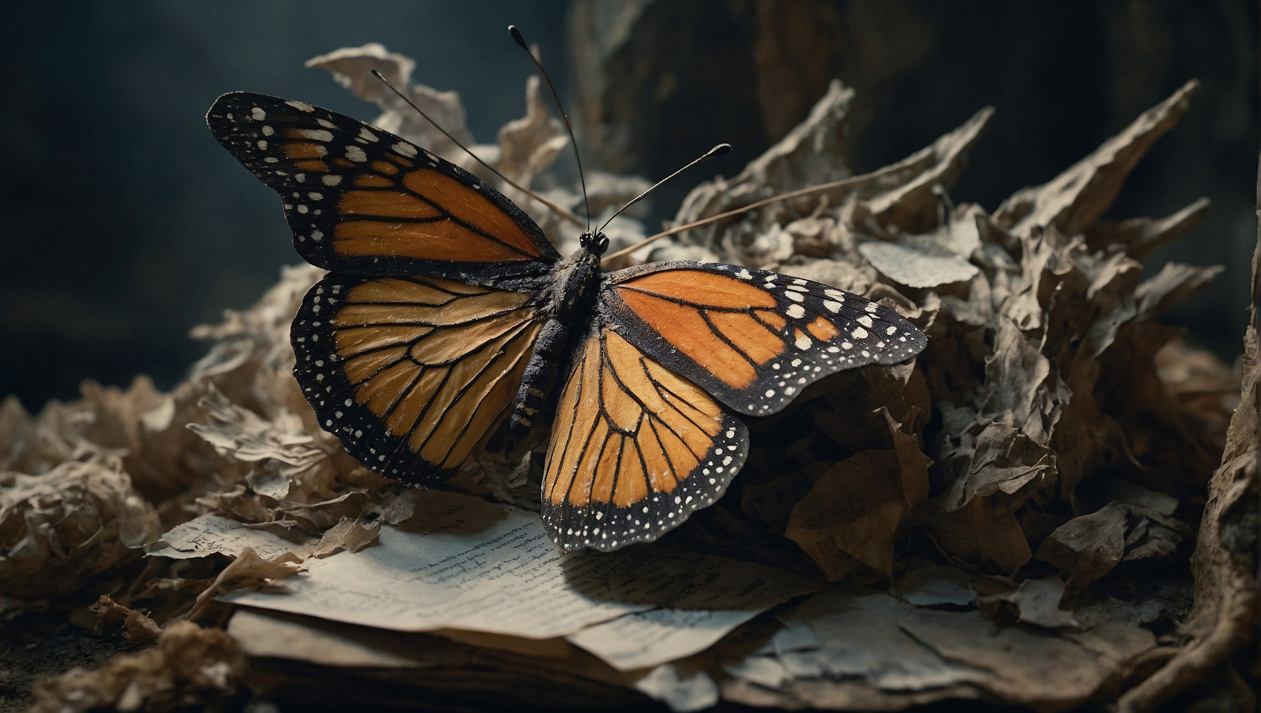 Free photo Orange and black butterfly on a bed of dead leaves