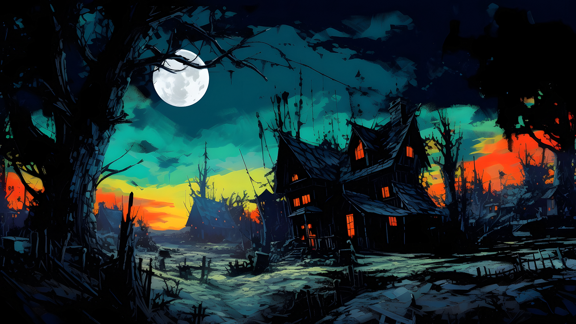 Старый страшный дом на фоне ночного неба с луной