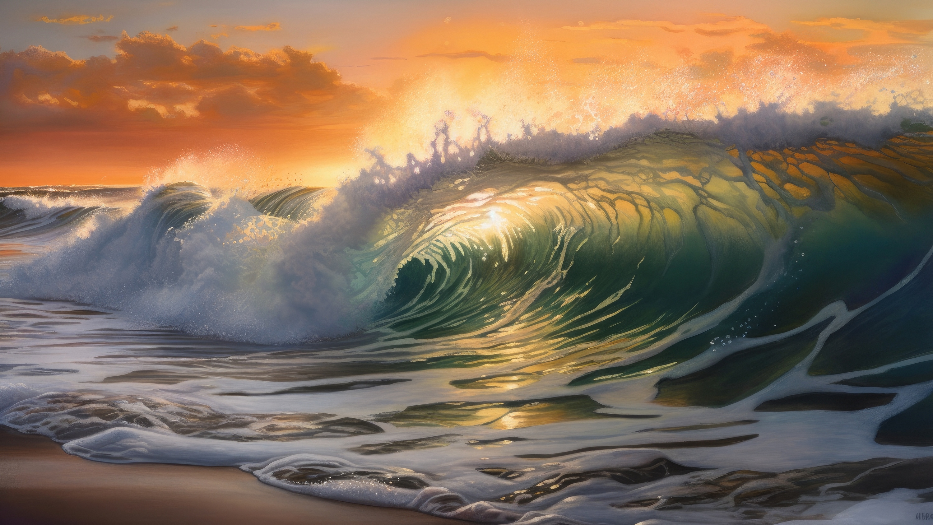 A fantasy sea wave at sunset