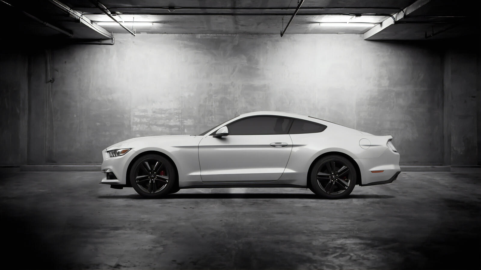 Free photo White 2019 Ford Mustang in underground parking lot
