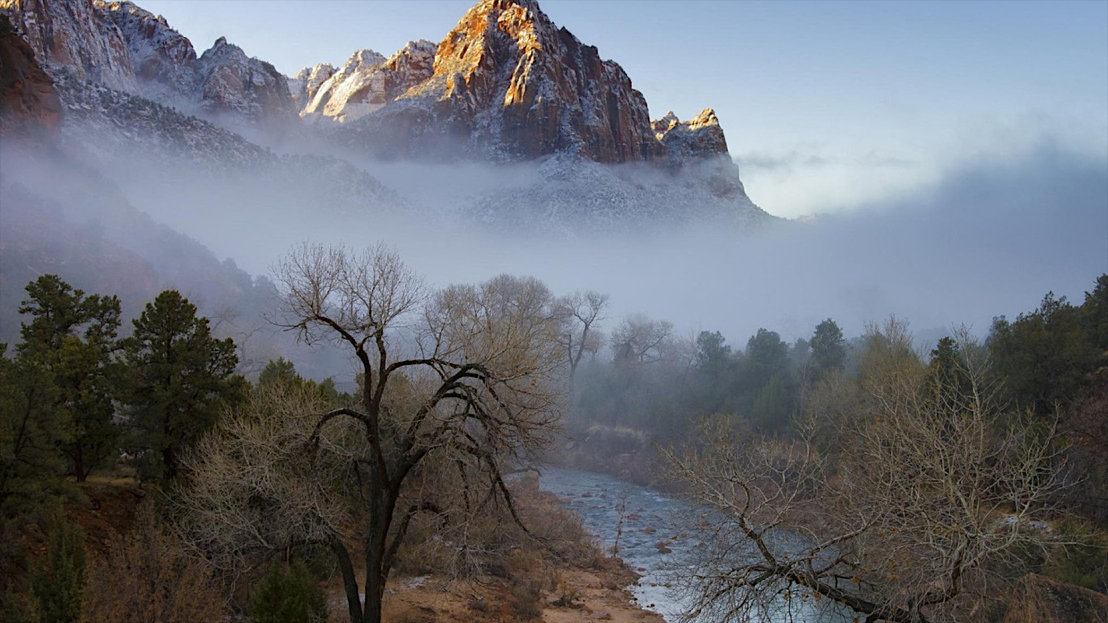Туманное утро в горах у реки