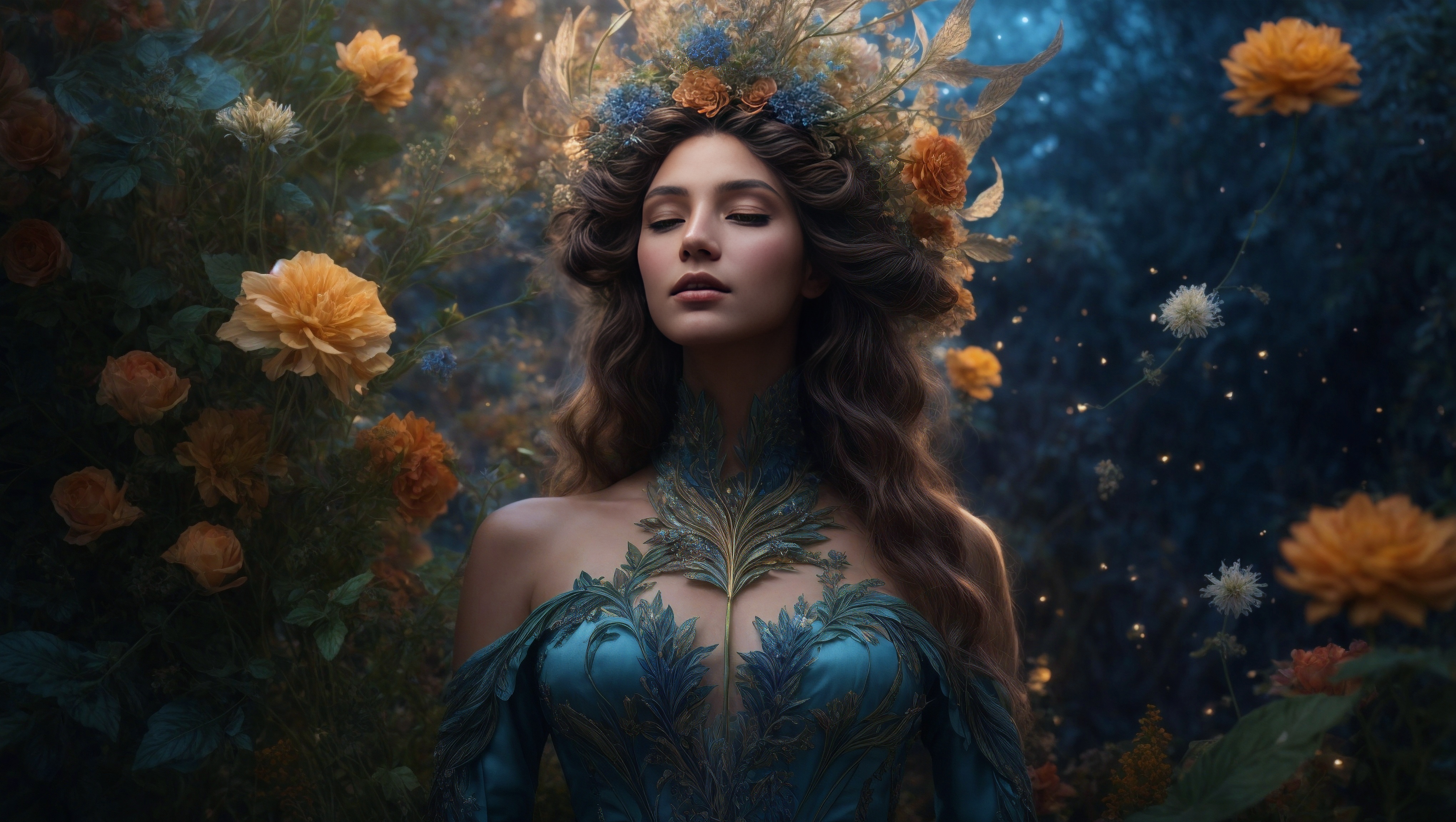 Бесплатное фото Красивая женщина стоит на фоне леса и цветов