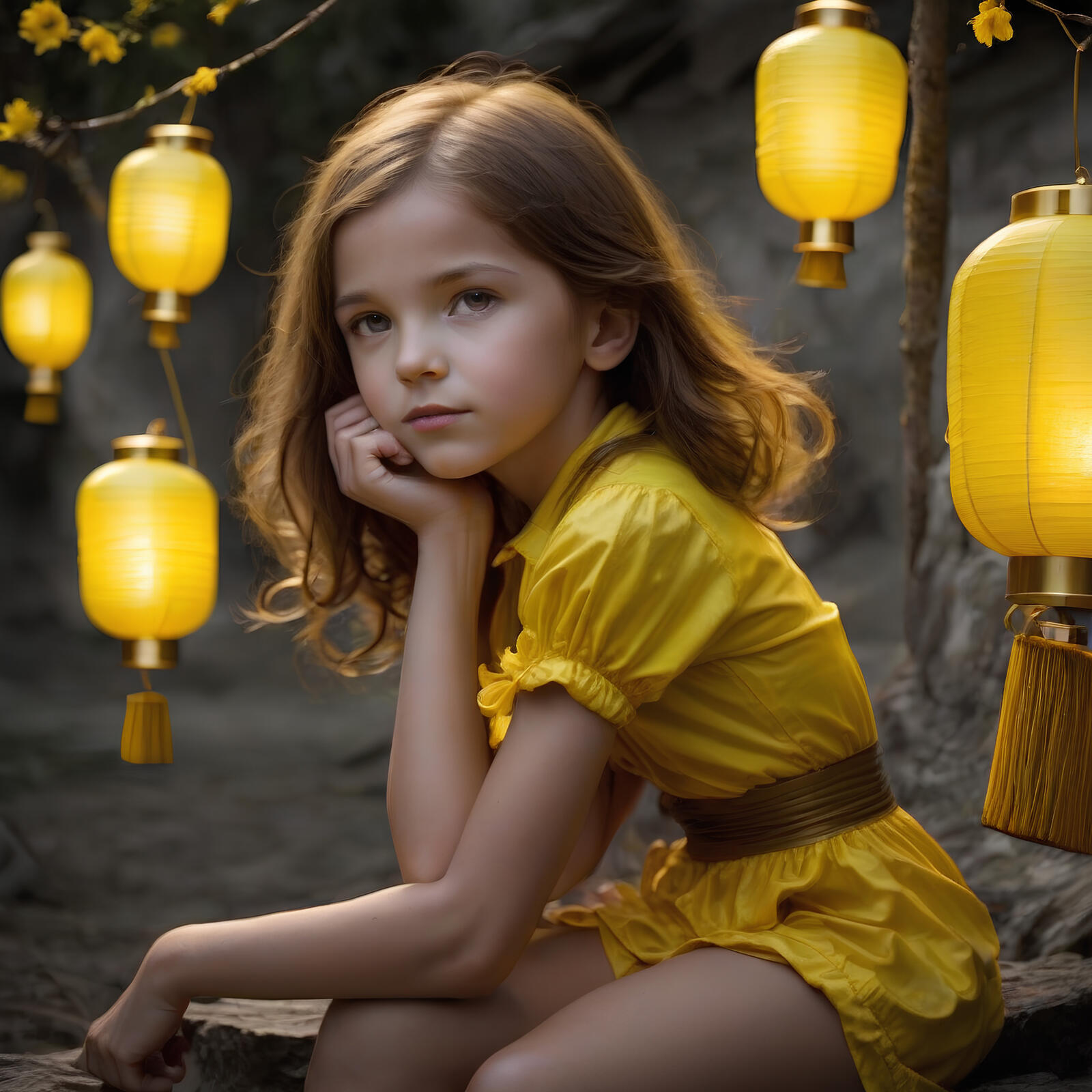 Бесплатное фото Прикольная картинка с девочкой и желтыми фонарями
