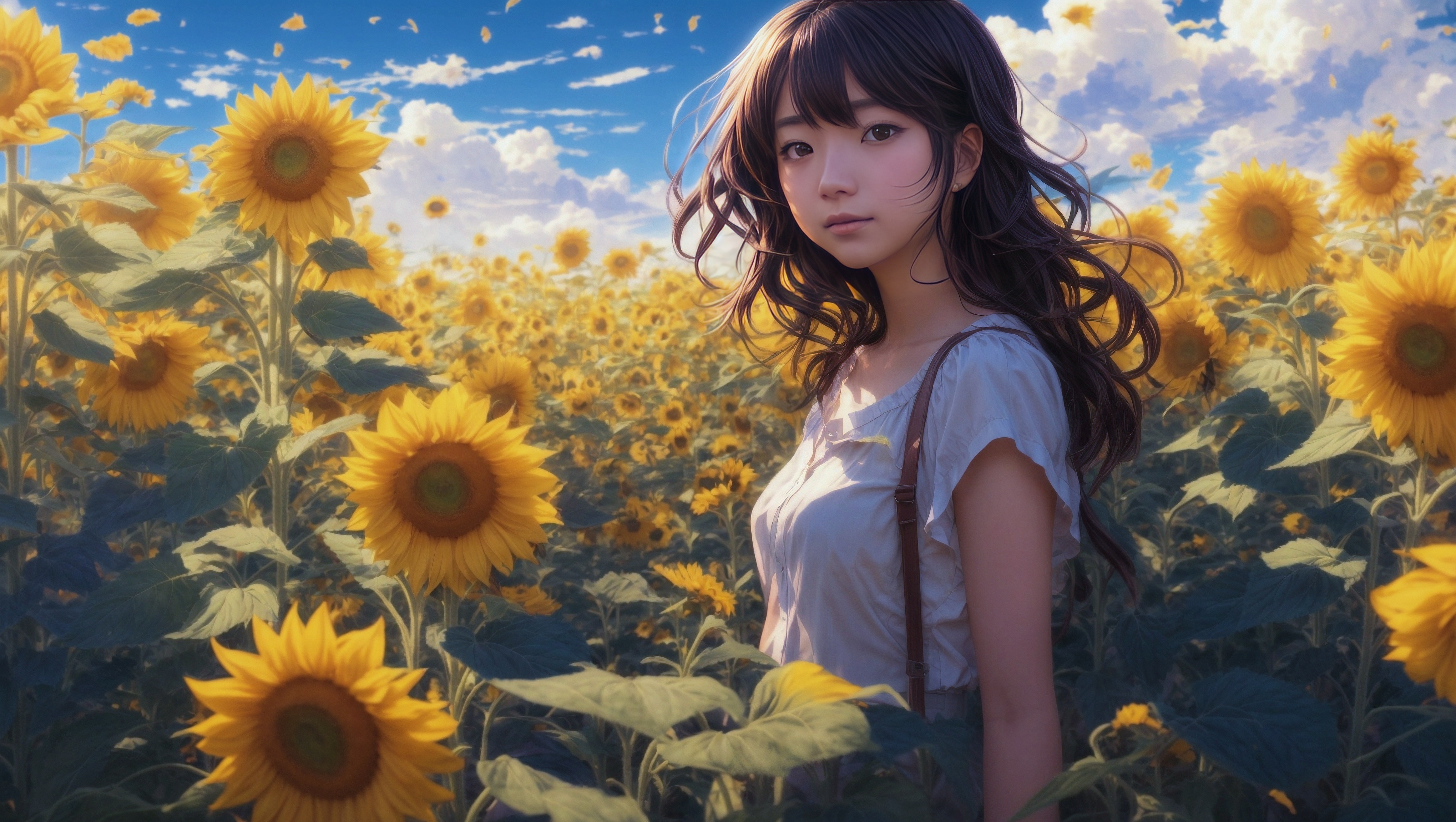 A woman posing in front of yellow sunflowers